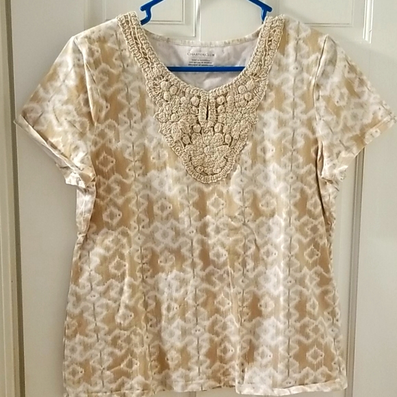 Charter Club Tops - 3 for 15$ -Tan and white embroidered t shirt